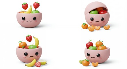 Fototapeta premium Cartoon fruit bowls with sad faces