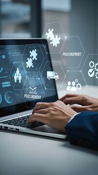 Procurement strategy on laptop with collaboration and supply chain graphics overlays show innovation.