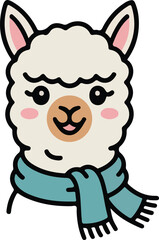 Fototapeta premium Cute cartoon of an alpaca wearing a scarf with a warm and friendly expression transparent vector png
