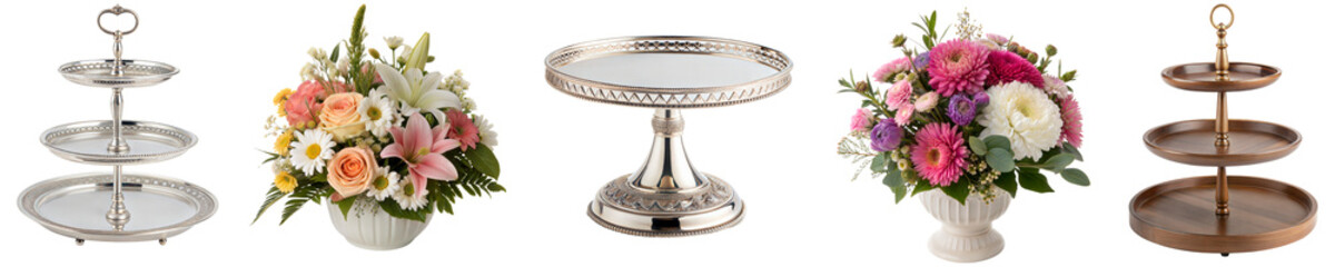 Decorative tiered serving trays with floral arrangements on display  