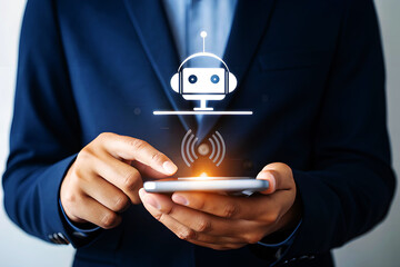 Businessman using smartphone with A I chatbot icon and signal waves