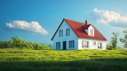 Obraz premium A white house with a red roof and green grass in a field under a blue sky with white clouds.
