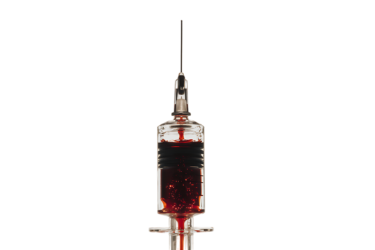 Close up of a syringe filled with blood.