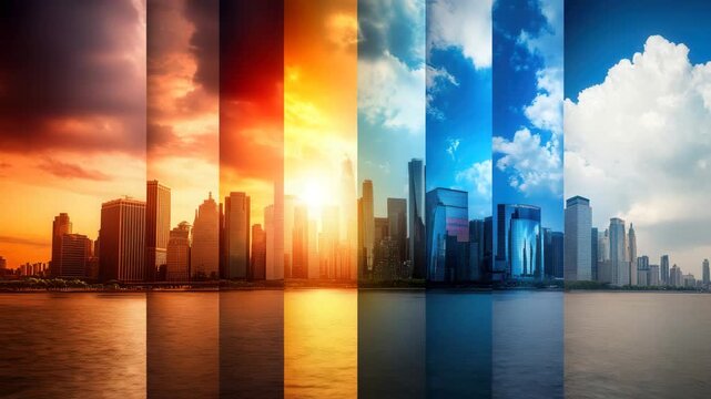 climate change, collage visual of various environment weather forecast monitor, management business scenes