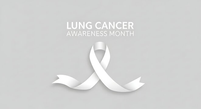 Silken white ribbon swirling softly embodying hope against a pale grey backdrop for lung cancer awareness month message
