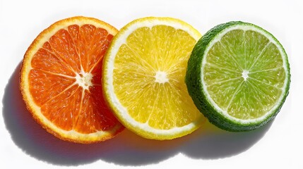 Freshly sliced citrus fruit orange lime lemon arranged semi circle formation photographed bird eye view bright white background juicy texture highlighted soft shadow photo realistic freshness vibrant