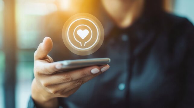 A woman holding a smartphone with a social media icon on the screen. - Powered by Adobe