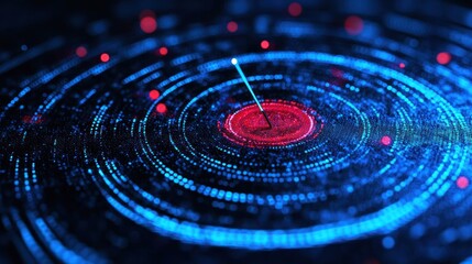 A digital interface with a red and blue circular pattern in the center, surrounded by a dark background with scattered red and blue dots.