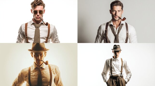 Four men, vintage style, wearing suspenders, ties, and fedoras, smoking pipes - Powered by Adobe