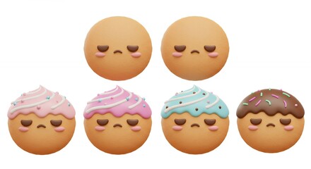 Group of sad cookies with various toppings