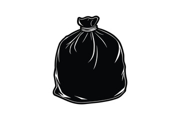 Isolated Black Garbage Bag Illustration with Tied Neck and White Outline Represented in a Clean Silhouette Style silhouette