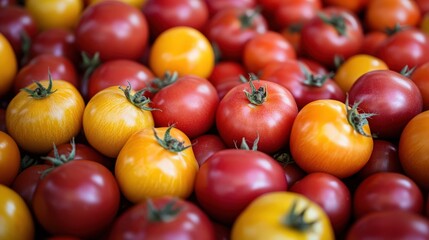 Vibrant harvest of red and yellow tomatoes captured at a local farmers market