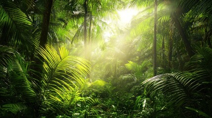 A lush tropical rainforest with sunbeams filtering through the dense foliage.