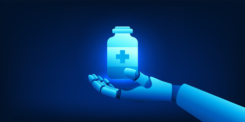 Robot holding a bottle of medicine represents medical technology that uses artificial intelligence to invent medicine to prevent disease and reduce symptoms of illness.