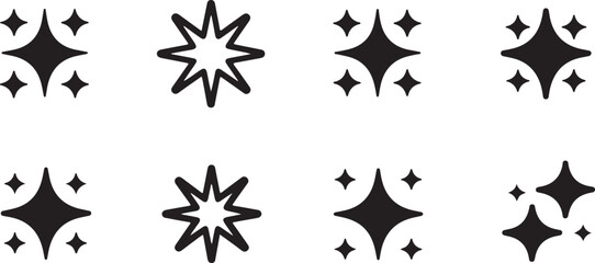 Eight Black Sparkle Star Twinkle Icons Set Isolated on White Background Simple Line Art Style Vector Graphics Design Elements