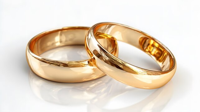 Golden wedding rings placed overlapping position soft shine polished surfaces isolated high key white background reflective metallic look perfect realism depth soft natural shadows wedding stock theme