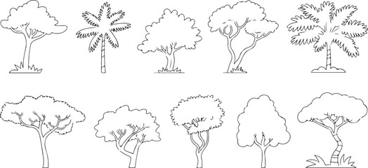 Naklejka premium Set of Black and White Line Drawings of Various Trees Including Palm Trees and Deciduous Trees Simple Outline Style Illustrations