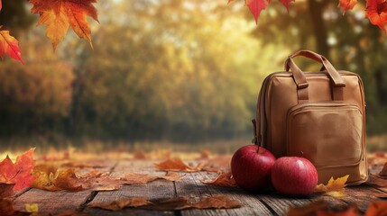 A brown backpack and two red apples rest on a wooden surface surrounded by colorful autumn leaves