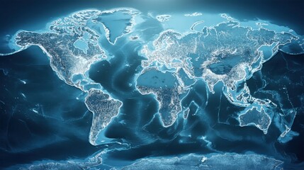 A glowing digital world map in shades of blue highlights global city lights across continents