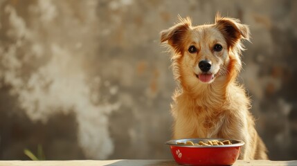 A happy golden dog sits eagerly behind a red food bowl, waiting to be fed with a joyful expression on its face