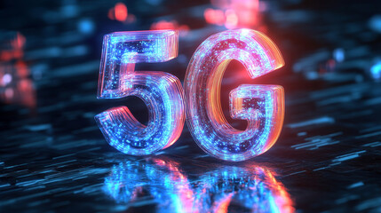 Glittering 5G Text with a Holographic Effect Over a Digital Landscape