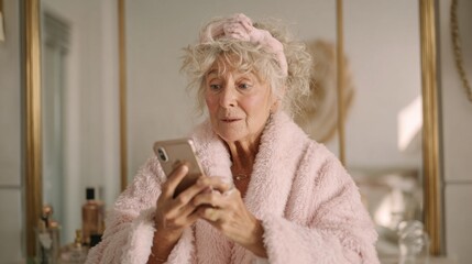 An elderly woman in a soft pink robe and headband looks surprised and amused while using her smartphone