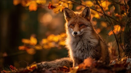 A red fox sits gracefully among vibrant autumn leaves in a forest