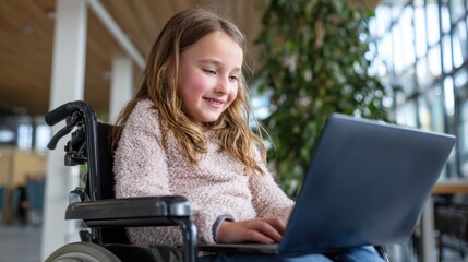 A smiling girl in a wheelchair types on a laptop in a bright, modern space filled with natural light and greenery