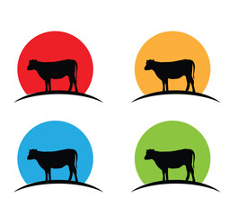 Silhouette of a Cow in the Sun Different Colors Set. Domestic animals and cattle farming vector art