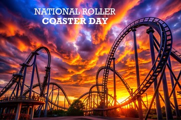 A thrilling rollercoaster ride against a vibrant sunset sky celebrates national roller coaster day, promising excitement and unforgettable memories