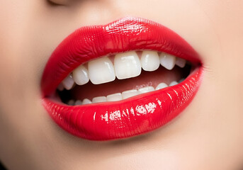 Obraz premium glamorous red lip makeup featuring bright color and shiny gloss application 