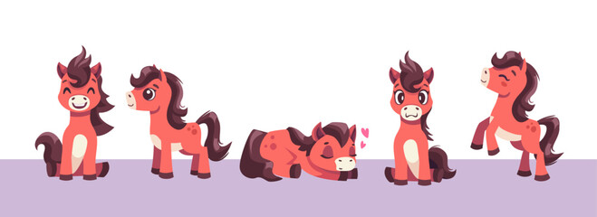 Set of cute horses in different poses. Hand-drawn ponies, cute magic character. Vector illustration for birthday poster design or New Year greeting cards.