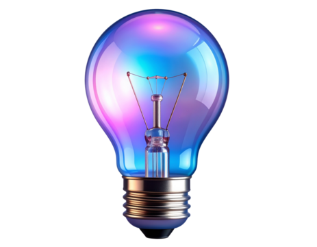  Holographic 3D light bulb icon with iridescent glow effect, isolated on transparent background PNG