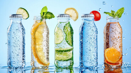 Refreshing sports drinks in clear bottles with citrus flavors and mint leaves, showcasing hydration and vibrant colors