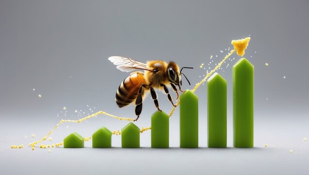 A honeybee perched on green bar graphs with a yellow trend line representing growth