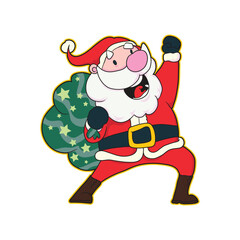 Happy Santa Claus in red costume carrying a green gift sack full of shining stars. Suitable for kids Christmas themes, seasonal cards, decorations, and joyful holiday artworks.