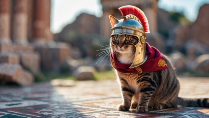 A playful tabby cat dressed as a soldier with a helmet and a flowing cape in an ancient setting, radiating charm and humor