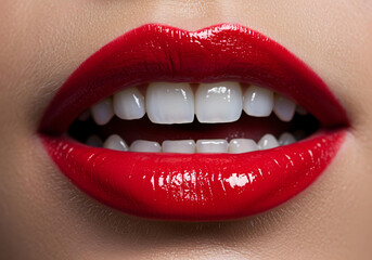 Fototapeta premium perfect red lipstick on beautiful lips with white teeth and glossy finish 