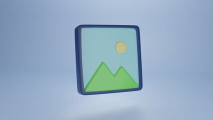 3D Render of Image Icon &ndash; Photo Gallery Symbol in Minimal Style, Photo Icon in 3D &ndash; Gallery Picture Symbol with Mountains and Sun, 3D Photo Icon &ndash; Landscape Illustration with Sun and Mountains