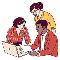 Diverse Team Collaborating on Project Using Laptop and Document