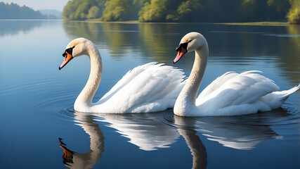 Fototapeta premium Two elegant white swans swimming side by side on a calm lake, creating mirror reflections in the water. Peaceful nature scene with soft light and forested background.