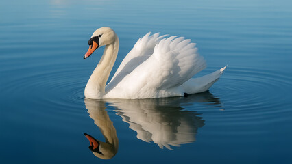 Obraz premium Graceful white swan gliding on calm blue lake, wings slightly raised, with a perfect mirror reflection in the water. Peaceful and elegant nature scene in daylight.