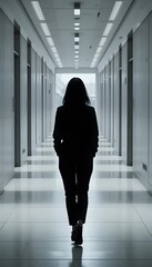Woman walking in dark hallway business concept silhouette office building interior design