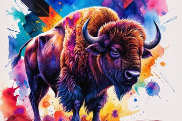 Vibrant watercolor illustration of a powerful bison. Dynamic splashes of colorful paint create a sense of energy and movement against a clean white background.