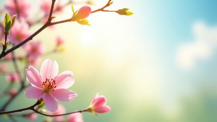 Obraz premium Pink Cherry Blossom Flowers on Branch with Blue Sky Background