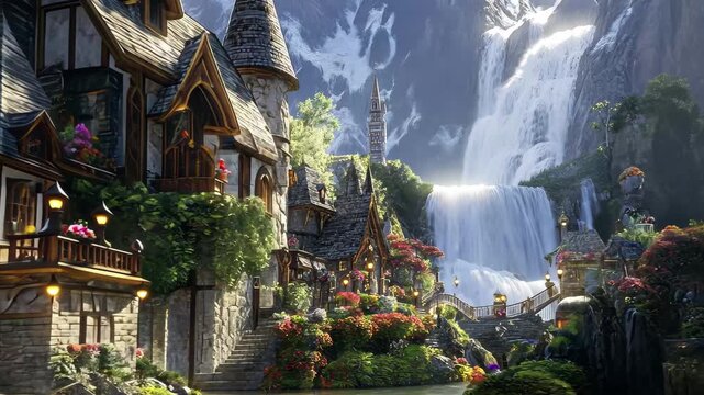 Mystical village by the waterfall features charming cottages and picturesque nature in a serene setting, Mystical Village by the Waterfall