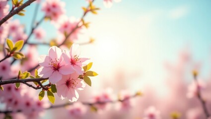 Pink Cherry Blossom Flowers on Branch with Green Leaves and Blue Sky