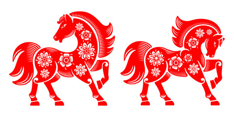 Horse set. Styled silhouettes of horse with floral pattern. Horse logo designs set. 2026 Chinese New Year Horse. Paper cut. Vector illustration