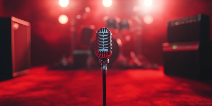 High-quality microphone in a vibrant setting with glowing lights and musical instruments on stage