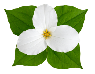  Top View of a White Trillium Flower with Three Petals and Green Leaves, Transparent PNG”